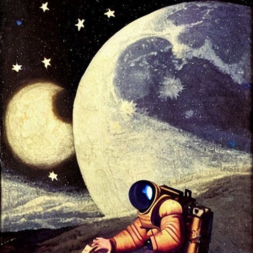 An astronaut in moonlight in a renaissance painting.