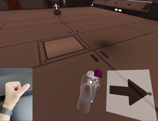 On the left bottom corner, a human hand with the same gesture as holding an Oculus Quest controller. The thumb is moved to the right. At the center of the image, the virtual hand makes the same gestures as the virtual controller. On the right corner of the image, a black arrow in a white rectangle pointing to right toward an astros.