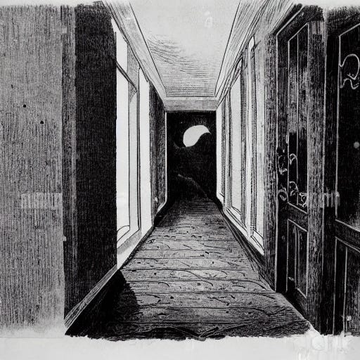 The dark corridor of an apartment complex.