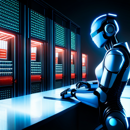A hyper-realistic, photo-realistic reflective, metallic robot working, surrounded by servers. Dark, futuristic, dystopian, neon lights, in an office, sci fi, judge dredd, 8k, realism,