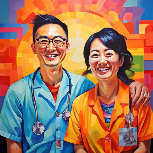 Chinese doctors, one man and one woman. Happy.