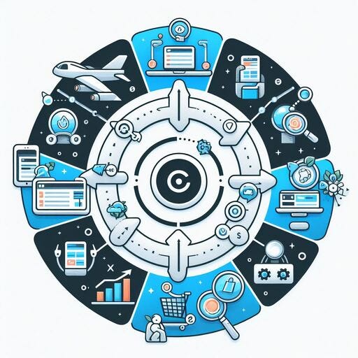 Un schéma du cycle de vie des produits avec les types de recherche UX associés à chaque étape. Forme en cercle.
