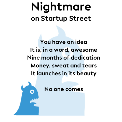 Nightmare — Startup Street. You have an idea. It’s awesome. 9 mos of dedication. Money, sweat and tears. Launch. No one comes