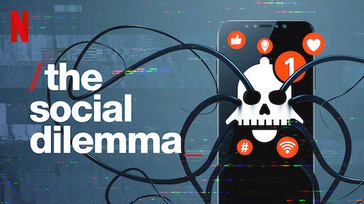 Poster of /The Social Dilemma movie, a phone screen with a notification bell logo combined with a skull