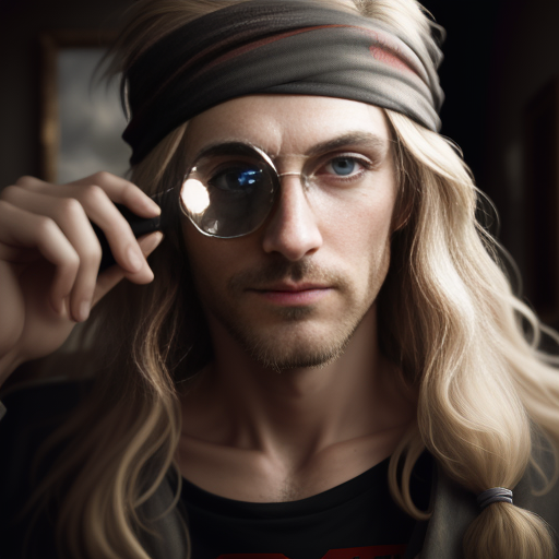 A man with long blond hair and a bandana looking through a magnifying glass.