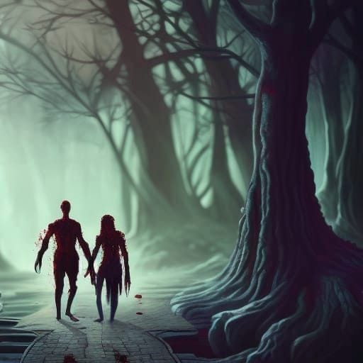 A shadowy couple walking through a forest of large trees.
