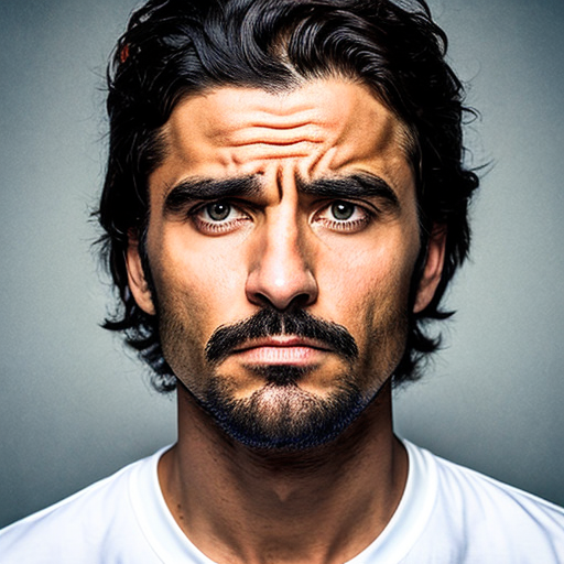 A Confused Man with beards and a full black hair wearing a white T-shirt in a gray vignette background