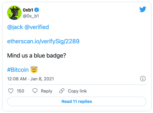 Screenshot of @0xb_1’s first tweet as a verified Twitter handle