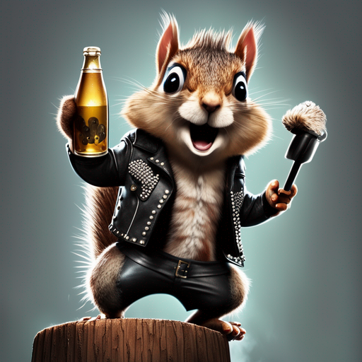 A picture of an AI generated image by a squirrel wearing a punk leather jacket, holding a microphone and a beer.