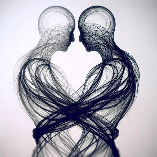 abstract representation of two human figures so closely intertwined that their individual outlines start to blur and merge.