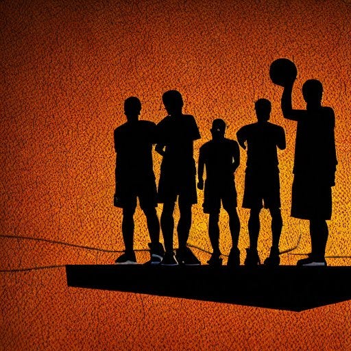 Silhouettes of five basketball players