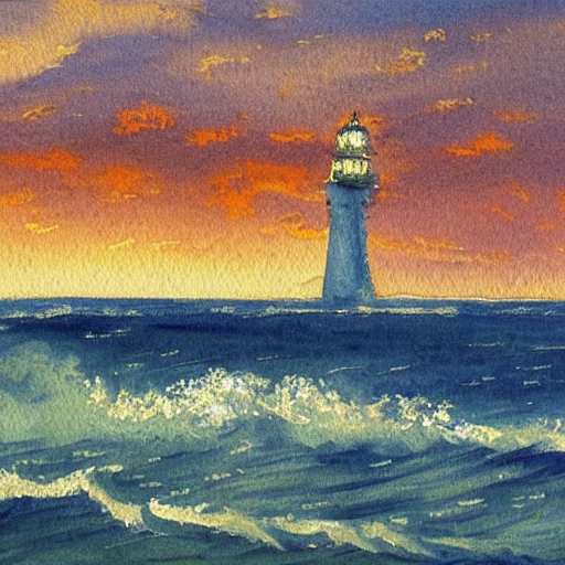 Post impressionist painting of a light house in the open sea