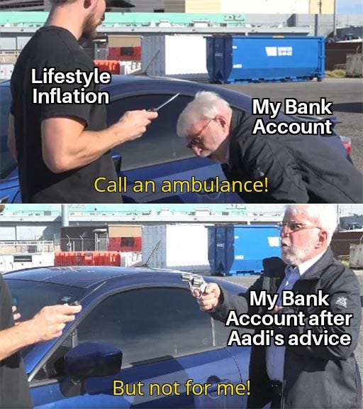 A Meme about lifestyle inflation and how your bank account balance will improve after my tips from this article