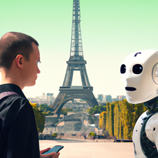 AI generated image with prompt “A humanoid chatbot, with a human face, talking to a tourist, in France with the Eiffel Tower in the background”