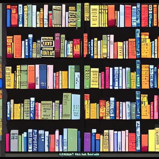 “Who Are We Reading?” An image of a bookshelf filled with colorful books, generated by Stable Diffusion to accompany this study of gender and academic syllabi from the Open Syllabus Project.