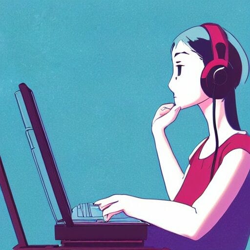 a side view of a girl sitting on her desktop writing something headphones on, hand on her chin, digital art, anime, ghibli style