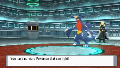 A screenshot of Nintendo’s Pokémon Shining Pearl, showing Champion Cynthia and her garchomp with the battle failed message “You have no more Pokémon that can fight!”