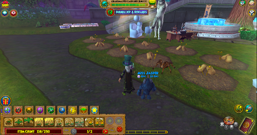The wizard101 character utilizing the gardening feature. He is planting magical plants with a variety of spell cards.