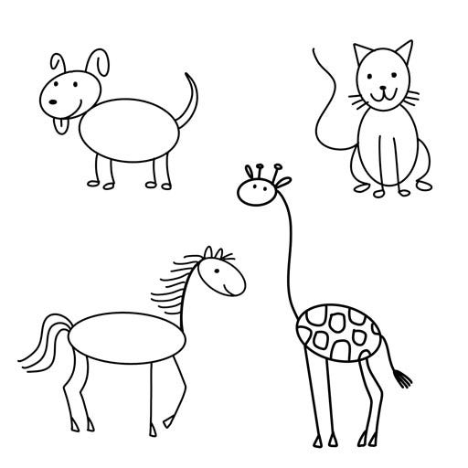 Simple stick figure animals — a dog, a cat, a horse, a giraffe