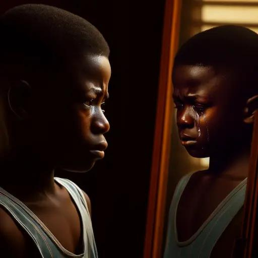 Barima Nsu, Men do not cry. A Ghanaian young boy with a stoic face, holding back tears, while a shadow of him crying reflected in a mirror.