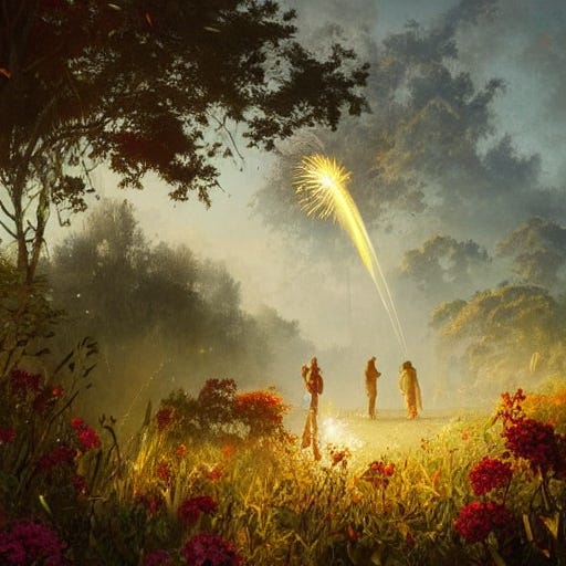 An old oil painting of a firework launching in a field. AI generated.