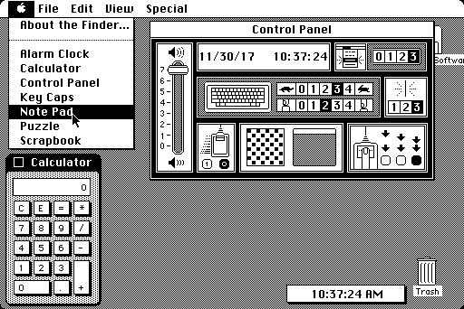 Image of the Apple Macintosh System 1 interface including an ellipsis symbol in a dropdown menu