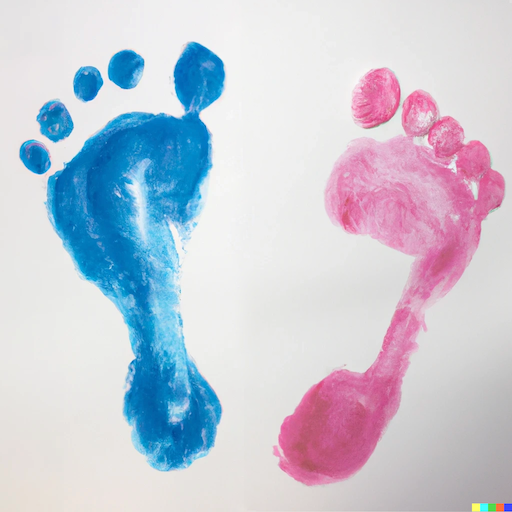 A pair of baby footprints, one blue, one pink.
