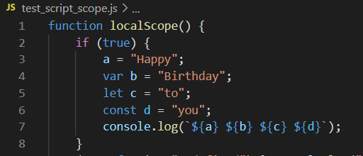 Screenshot of some JavaScript code with all four declaration types: const, let, var and undeclarated