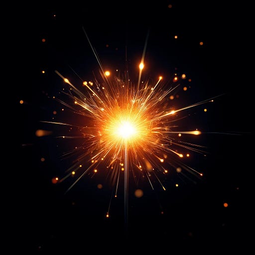 A bright, glowing sparkler against a dark background. The sparkler emits a burst of golden light with sparks radiating outward in all directions. The intense center of the sparkler is white-hot, gradually transitioning to a warm orange and gold as the sparks spread. Tiny glowing particles surround the sparkler, adding a dynamic and festive feel to the image.