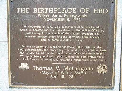Image of plaque celebrating the birthplace of HBO placed in Wikles Barre, Pennsylvania in April 18, 1984