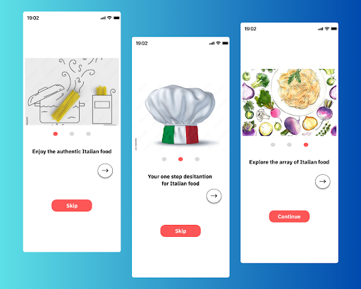 onboarding screen page designs of food delivery application