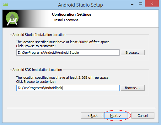 Android studio location configuration