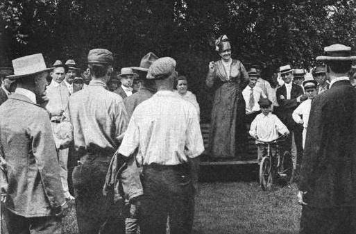 Mrs. Mathis speaks to a group of farmers circa 1917