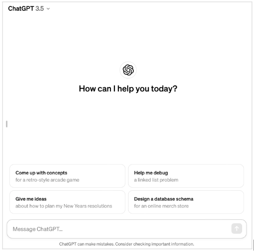The ChatGPT prompt box, prefaced with “How can I help you today?”, with a small disclaimer that “ChatGPT can make mistakes. Consider checking important information.”