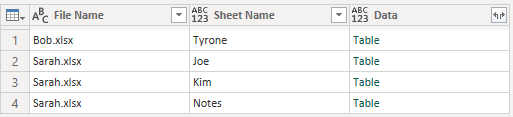 Data with File Name, Sheet Name, and Data columns remaining