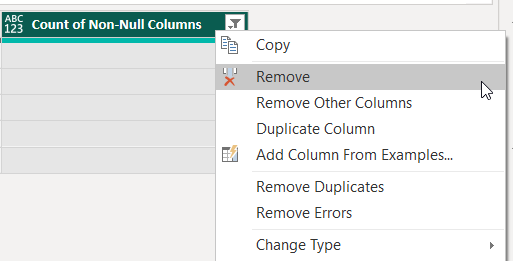 Remove column option on column