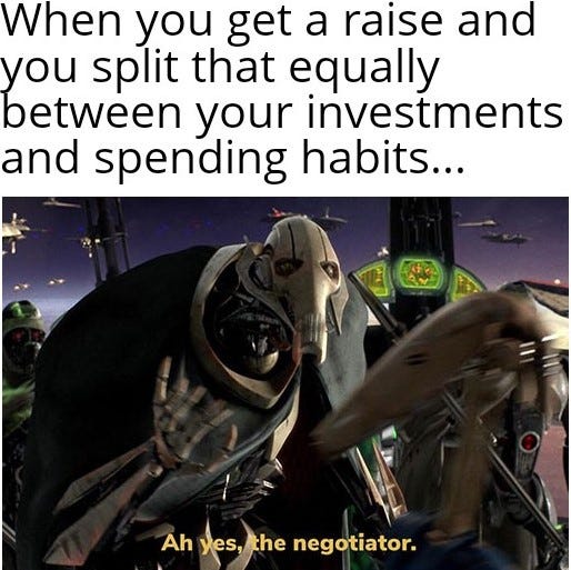 A meme about how you should balance your investments and spending habits