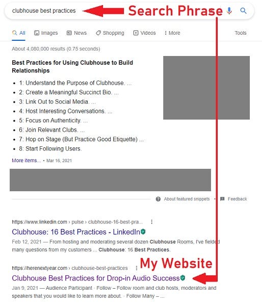 Showing 3rd position on Google search as a benefit of being involved with Clubhouse.