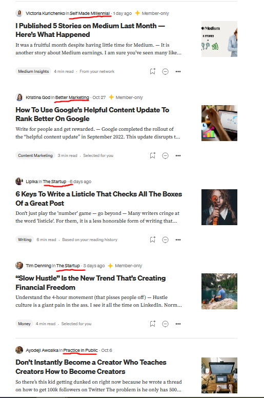 Screenshot of my homepage with each storys’ publication underlined