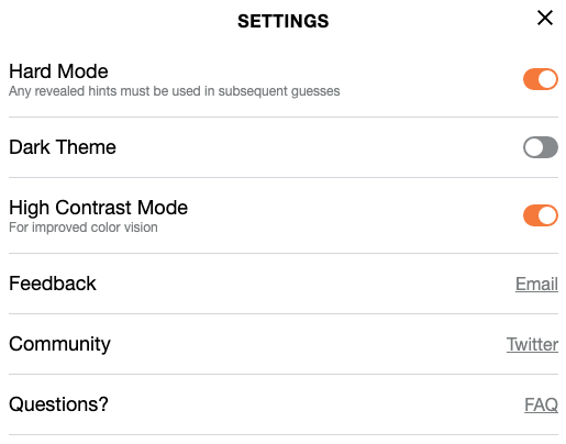 A screenshot of the settings panel for Wordle as provided by The New York Times