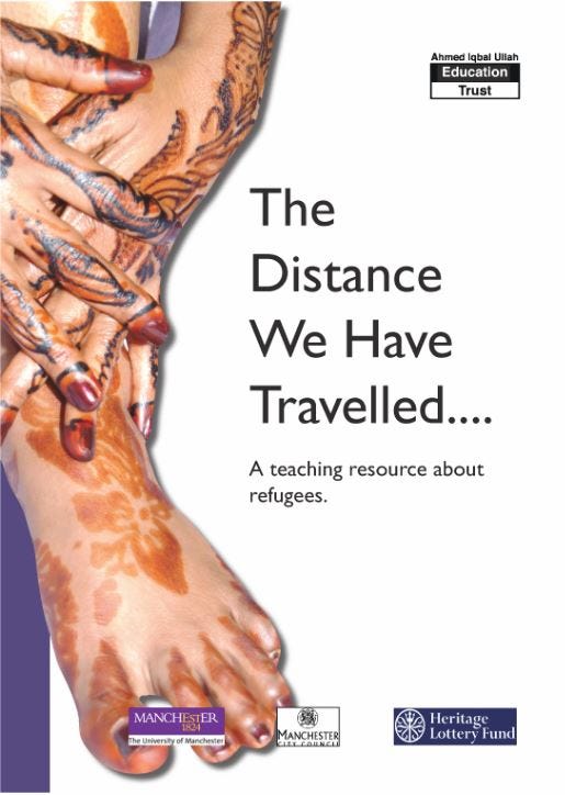Front cover of Distance We Have Travelled teaching pack, with image of hennaed hands and feet.