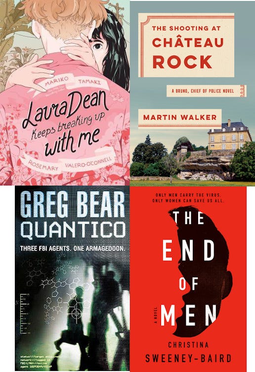 covers for four books: Laura Dean Keeps Breaking Up with Me, The Shooting at Chaeeau Rock, Quantico, and The End of Men