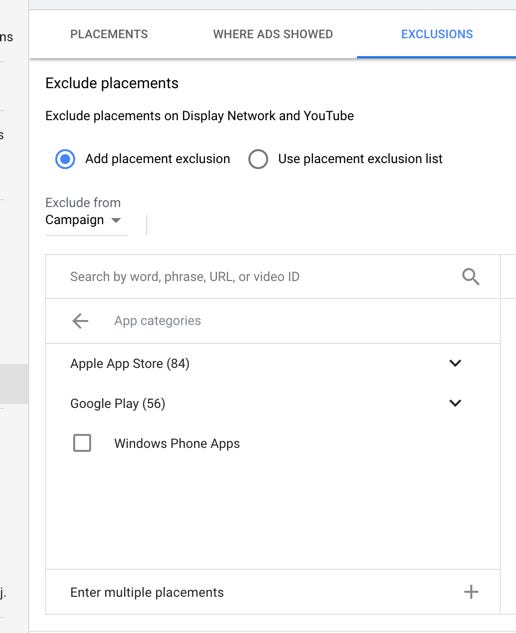 How to exclude apps from the Google Ads interface