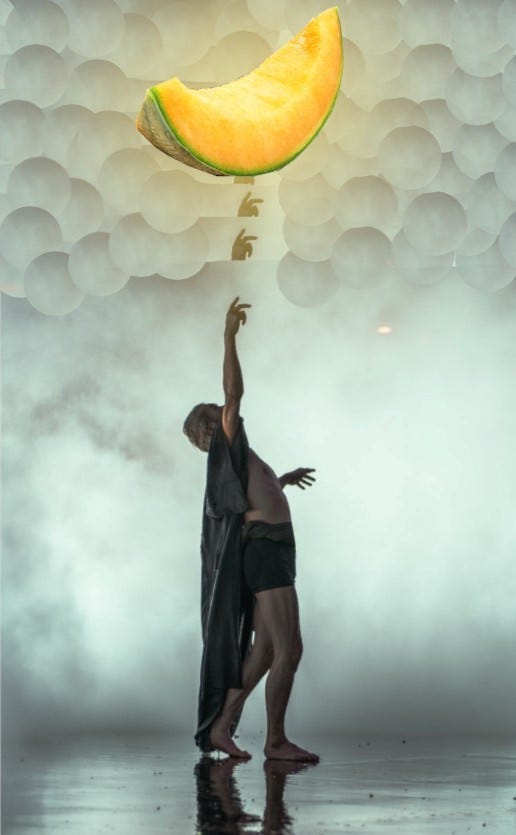 Person in cape reaches for slice of Cantaloupe in the heavens.