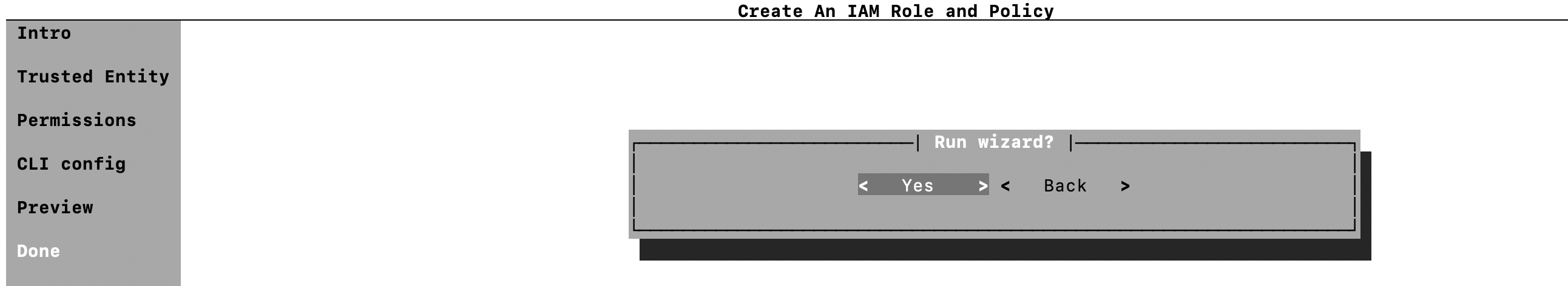 $ aws iam wizard new-role — create a new role