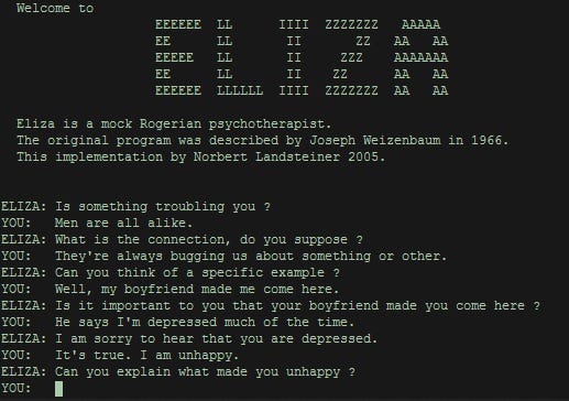 A conversation between ELIZA chatbot and a test participant.