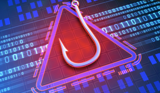 A hook sits on a red alert symbol with coding in the background to represent a common scam method known as phishing.