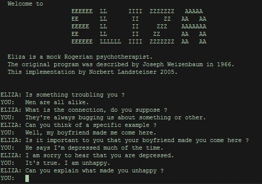 Screenshot of a chat with ELIZA.