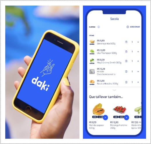 Two images are displayed side by side. To the right one can see a white background and a selection of items surmounting to a checkout cart. To the left there is a hand holding a phone, on the screen there is a blue background and the Daki logo in white. The word daki is below the logo also in white coloring.