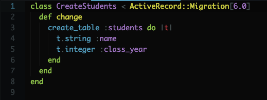 Code in Migration File to Create Students Database Table